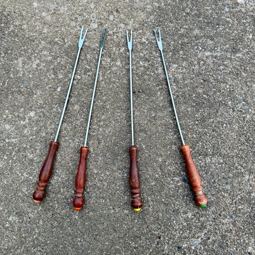 Vintage Fondue Forks Set of 4 Wood Handle Stainless Steel Skewers 10.5 Inch